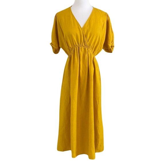 THE KORNER MUSTARD YELLOW SURPLICE LINEN BLEND EMPIRE WAIST MIDI DRESS - XS - Picture 2 of 10